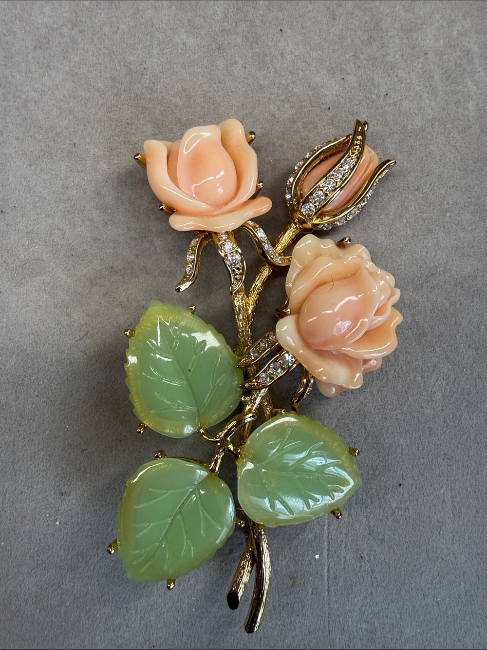 Nolan Miller Peach Rose and Light Green Leaf Gold-Tone Floral Brooch